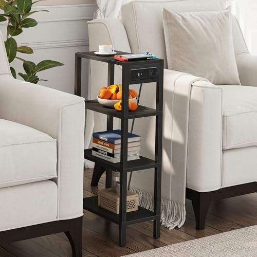 TUTOTAK Narrow Side Table Set of 2, Small End Table with Charging Station | 4-Tier Skinny Sofa Table, Slim Nightstand, Easy Assembly for Living Room, Bedroom, Black TB01BK0802 - color: Black, size: 4-tier