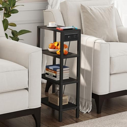TUTOTAK Narrow Side Table Set of 2, Small End Table with Charging Station | 4-Tier Skinny Sofa Table, Slim Nightstand, Easy Assembly for Living Room, Bedroom, Black TB01BK0802 - color: Black, size: 4-tier