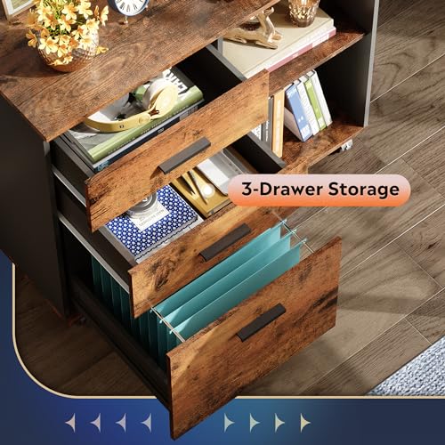 DEVAISE 3-Drawer Mobile File Cabinet, Lateral Filing Cabinet, Rustic Brown | Wood, Rolling Printer Stand, Under Desk Storage, Open Shelves, Fits Letter & A4 File, Home Office - color: Rustic Brown, style: Modern