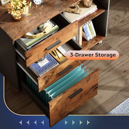 DEVAISE 3-Drawer Mobile File Cabinet, Lateral Filing Cabinet, Rustic Brown | Wood, Rolling Printer Stand, Under Desk Storage, Open Shelves, Fits Letter & A4 File, Home Office - color: Rustic Brown, style: Modern