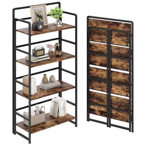 Folding Bookshelf 4 Tiers,No Assembly,Vintage Wood Storage,Rustic Brown | 53.9''H Vintage Wood Collapsible Portable Bookcase,Foldable Storage Rack,Organizer for Living Room, Bedroom, Home Office - color: Rustic Brown, size: 4-tier