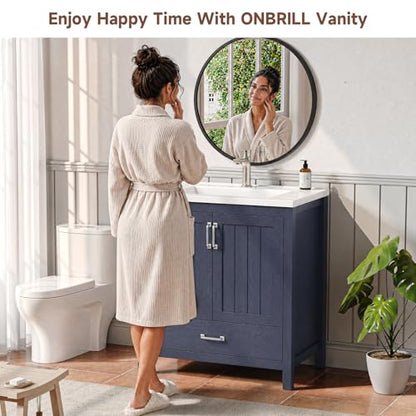 ONBRILL 30'' Bathroom Vanity with Single Sink Combo, Freestanding Bathroom Vanities with Resin Sink & Door Shelf, Farmhouse Storage Cabinet with 2 Soft Closing Door & Drawer (Blue) - color: Blue