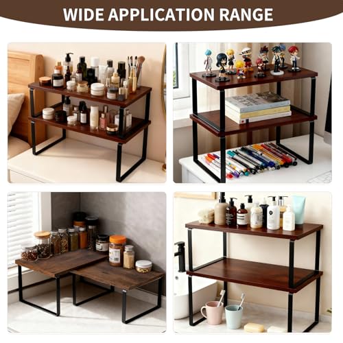 2-Pack Expandable Stackable Cabinet Shelf, Metal and Wood, (Brown) - color: Brown