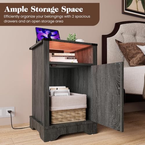 Nightstands Set of 2, Bedside Tables with Charging Station & LED Lights,25 inch Farmhouse Bedside Tables with Storage Cabinet, Open Shelf & Color Changing Lights, Rustic Wooden End Tables, Dark Gray