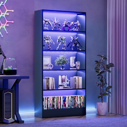 CODACE Tall Wooden 5-Tier Black Bookshelf - Display Cabinet with LED Lights | Lighted Book Shelves, Display Case for Collectibles, Manga ,Figures, Modern Bookcase for Bedroom, Living Room, Gaming room - size: 5 Tiers - 10.2"D x 27.5"W x 65"H