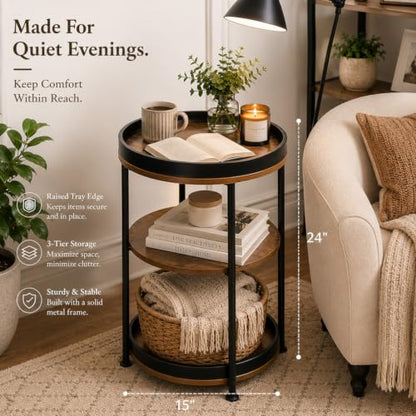 Dulcii Side Table, Round End Table with 3 Storage Shelves for Living Room, Bedroom, Nightstand with Steel Frame for Small Spaces, Industrial Round Sofa Table, Outdoor Accent Coffee Table, Rustic Brown | Round End Table with Storage for Living Room, Bedroo