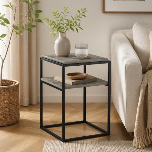2-Tier Stackable Metal Frame End Table, Toolless Assembly Bedside Table, Night Stand with Open Shelf, Side Table, for Bedroom, Living Room, French Oak Grey - color: French Oak Grey, size: 2 Tier, Set of 1