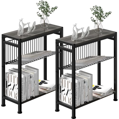 Side Table for Small Spaces, Set of 2 Narrow End Table with Magazine Holder, 2 in 1 Design Slim Side Table, Skinny Nightstand for Living Room Bedroom, Thin Side Magazine Table, Grey - color: Grey, size: 2-pcs