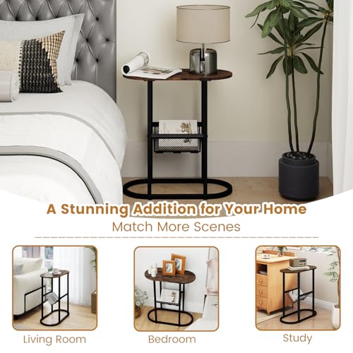 Tangkula Oval Narrow Side Table, 2-Tier End Table w/Mesh Magazine Rack, Steel Frame, Industrial Nightstand, Compact Sofa Bedside Table for Living Room Bedroom, Rustic Brown & Black - color: Rustic Brown & Black
