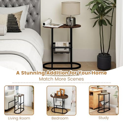 Tangkula Oval Narrow Side Table, 2-Tier End Table w/Mesh Magazine Rack, Steel Frame, Industrial Nightstand, Compact Sofa Bedside Table for Living Room Bedroom, Rustic Brown & Black - color: Rustic Brown & Black