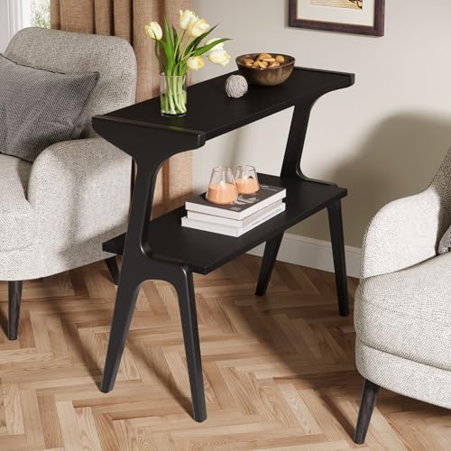 Tribesigns 2-Tier Solid Wood Side Table, Modern Black End Table with Storage Shelves, Tall Slim Side Table for Couch with Unique Legs, Long Bedside Table for Bedroom, Living Room - color: Black
