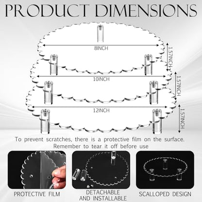 Lineshading 3 Pcs Scalloped Acrylic Display Riser Clear Scalloped Stand Clear Pedestal Riser Board for Cake Plant Dessert Jewelry Collectible Cupcake Figure Wedding Birthday Party Decor(5'', 6'', 8'') - size: 6'',8'',10'', style: Scalloped