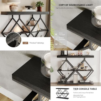 Garvee 3 Tier Console Table,39" Industrial Entryway Table,Open Wood Shelves | Sofa Table,Narrow Wood Accent Tables with Metal Frame for Hallway,Living Room,Behind Couch,Foyer,Entrance,Black - color: Black + Diamond-shaped