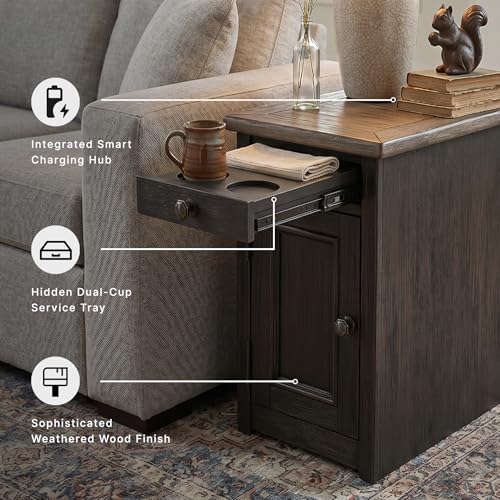 Signature Design by Ashley Tyler Creek Rustic Chair Side End Table with Pull-Out Tray & USB Ports, Brown - color: Blackish Brown