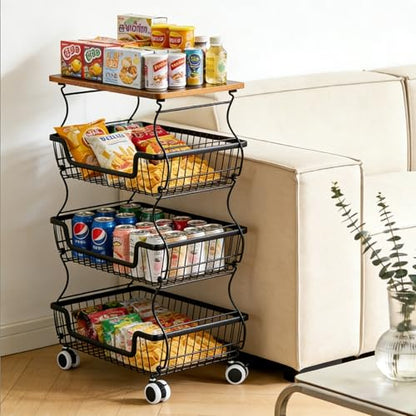 Utility Rolling Cart 4-Tier Metal Storage Organizer Cart with Wooden Top Snack Rack Pantry Cart with Wheels for Kitchen, Bathroom, Office, Bedroom, Living Room, Black - size: 4-Tier