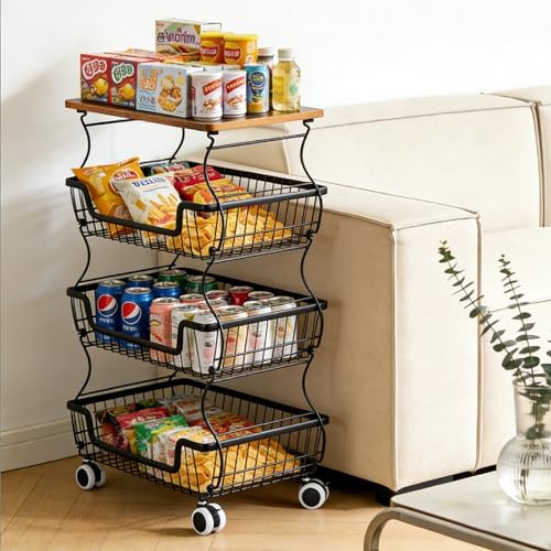 Utility Rolling Cart 4-Tier Metal Storage Organizer Cart with Wooden Top Snack Rack Pantry Cart with Wheels for Kitchen, Bathroom, Office, Bedroom, Living Room, Black - size: 4-Tier