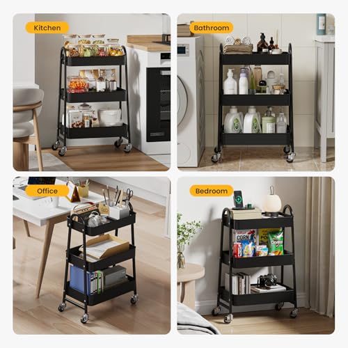 DUMOS 3 Tiers Metal Rolling Utility Cart with Lockable Wheels, Mobile Storage Organizer, Utility Shelving Unit for Kitchen, Office, Bathroom, Laundry, Narrow Places, Black - color: 3 Tiers Black