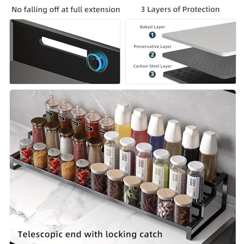 3 Tier Expandable Spice Rack Organizer, Heavy-Duty Black Metal Seasoning Organization Shelf for Cabinet, Kitchen & Pantry, Tiered Spice Shelf With Safety Lock, For Jars & Bottles, Countertop Storage