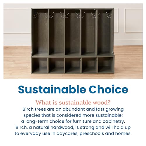 ECR4Kids Streamline 5-Section Coat Locker with Bench and Scoop Front Storage Bins, Toddler Size, Grey Wash, Kids Furniture, Clear