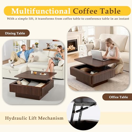 Lift Coffee Table with Hidden Storage & Adjustable Height, 35.4" Modern Fluted RGB LED Center Table with Charging Station, Wooden Accent Tea Table for Living Room & Small Apartment (Square) - size: Square