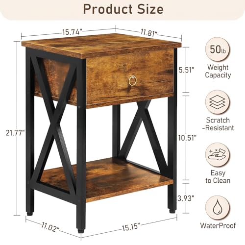 JMLHMXC Nightstands Industrial Bedside End Tables with Drawer and Storage Shelf,Small Side Table for Bedroom, Living Room, Sofa Couch,Brown