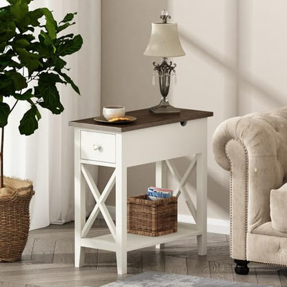 ChooChoo Farmhouse End Table with Drawer | Narrow Side Table with Flip Top, Accent Small Side Table Nightstand for Living Room, Bedroom, and Small Spaces, Soft White - color: Soft White, size: 1 Pack, style: Without Power