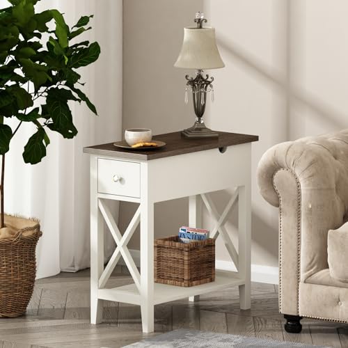 ChooChoo Farmhouse End Table with Drawer | Narrow Side Table with Flip Top, Accent Small Side Table Nightstand for Living Room, Bedroom, and Small Spaces, Soft White - color: Soft White, size: 1 Pack, style: Without Power
