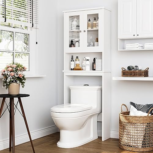 Over The Toilet Storage Cabinet for Bathroom, Storage Organizer Over Toilet, Space Saver with Tempered Glass Doors, White - color: White, style: Glass Doors