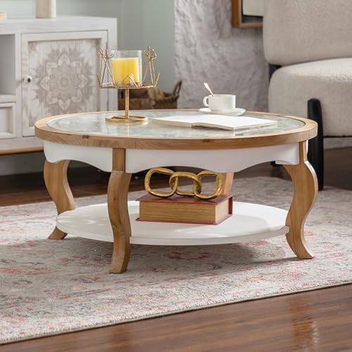 31.5'' Round Coffee Table for Living Room, Modern Countryside Farmhouse Rustic Wood Coffee Table, Curved Legs & Removable Tempered Glass Top, Natural & Wood - color: Ø31.5''-natural & White