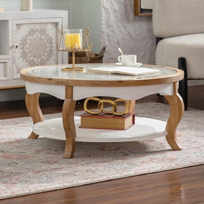 31.5'' Round Coffee Table for Living Room, Modern Countryside Farmhouse Rustic Wood Coffee Table, Curved Legs & Removable Tempered Glass Top, Natural & Wood - color: Ø31.5''-natural & White