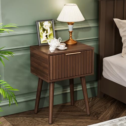 VINGLI Night Stand, Fluted Nightstand Wood, Mid Century Modern Nightstand for Bedroom, Bedside Table, Wood Side Table, Small Night Stand Walnut, 15.75" W*11.81" D*21.85" H - color: Walnut, size: 15.7"W-1 Drawer