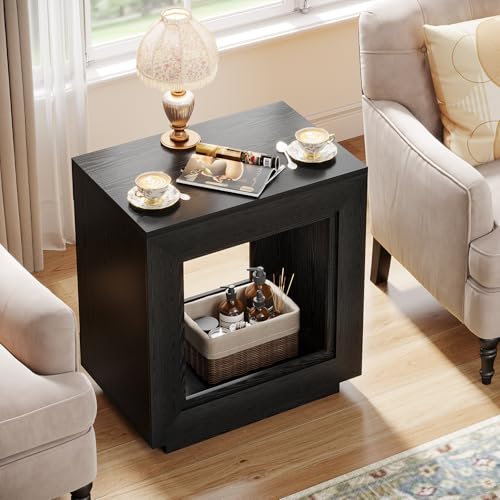 Tribesigns Rustic Wood End Table, 2 Tiered Square Side Table with Storage Shelf, Industrial Sofa Side Table for Living Room, Entrance (Rustic Brown) (1) (1, Black) - color: Black