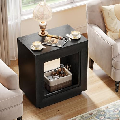 Tribesigns Rustic Wood End Table, 2 Tiered Square Side Table with Storage Shelf, Industrial Sofa Side Table for Living Room, Entrance (Rustic Brown) (1) (1, Black) - color: Black