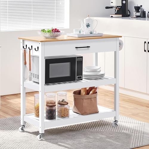 Yaheetech Kitchen Island Cart on Wheels with Bamboo Tabletop, 3-Tier Rolling Kitchen Island Microwave Cart with Drawer, Detachable Towel, 3 Hooks, 17" D x 37.5" W, White