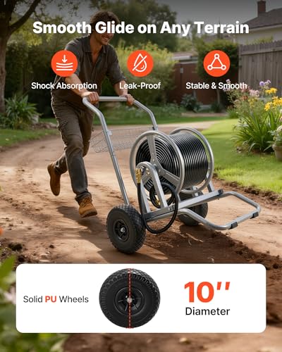 VEVOR Hose Reel Cart, 200/300ft High-Pressure Garden Hose Cart, Hoses Reel Carts with Two Wheels, Handle & Heavy-Duty Mesh Storage Basket, Dual-Purpose Portable Hoses Reels for Garden, Car, Pet - style: 2 in 1 - 200 ft