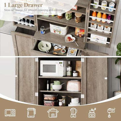 Vongrasig Kitchen Pantry Storage Cabinet with Barn Doors, Drawer and Adjustable Shelves, 6-Tier Tall Rustic Wood Cupboard Locker for Kitchen, Dining Room, Living Room, Bathroom, Rustic Grey - color: Rustic Grey
