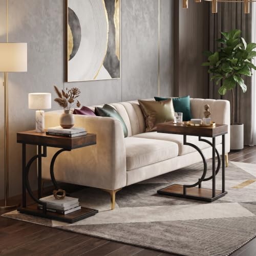 Tribesigns C Shaped Modern End Table for Coach with Metal Frame | Wood Grain, Small Side Table for Living Room, Nightstand for Bedroom, Rustic Brown&Black - color: Brown+black