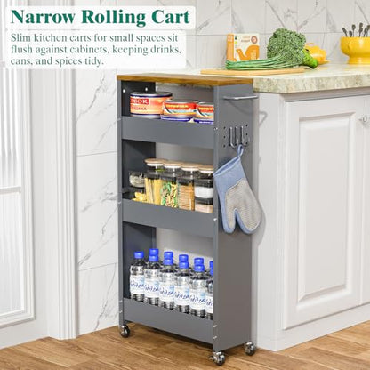 XYZLVSI Slim Storage Cart, 4 Tier Rolling Kitchen Cart on Wheels for Small Space, Narrow Laundry Bathroom Organizers Mobile Shelving Unit Metal Utility Cart with Handle, 5.9in Width, Gray | 5.9" W skinny storage cart, 12.4" bottom metal utility cart with