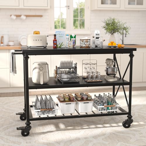 Homieasy Kitchen Island Cart with Wheels, 3-Tier Wood and Metal Rolling Kitchen Island Table with Pipe Legs, Storage Shelves & Lockable Casters for Kitchen Dining Room, Black - color: Black