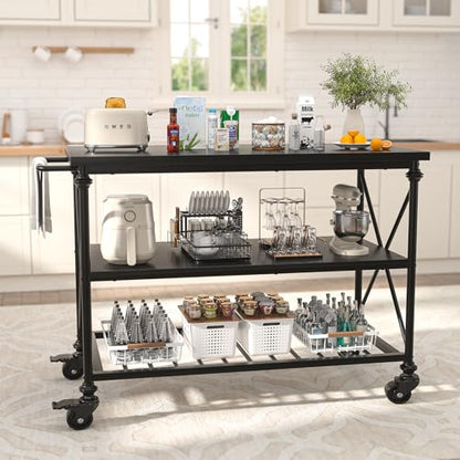 Homieasy Kitchen Island Cart with Wheels, 3-Tier Wood and Metal Rolling Kitchen Island Table with Pipe Legs, Storage Shelves & Lockable Casters for Kitchen Dining Room, Black - color: Black