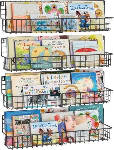 X-cosrack 24 Inch Wall Mounted Kids Bookshelf, Floating Metal Book Shelves for Kids Nursery Toddler Classroom, Hanging Book Shelf Organizer for Room Decor, Black, Set of 4 - color: Black - 4 Pack, size: 24 inch