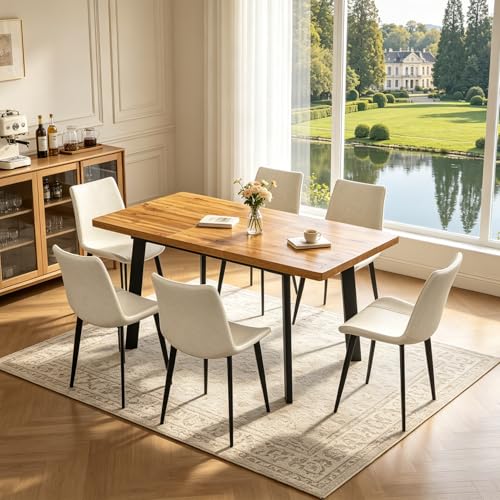 Extendable Dining Table Set for 4 to 8 People, 47.2" to 63" Modern Kitchen Table Set with 6 Leather Chairs, MDF Dining Room Table and Chairs with Removable Extension Leaf (Walnut Table+White Chairs) - color: 47.2'' - 63'' Walnut Table+6 Beige Chairs
