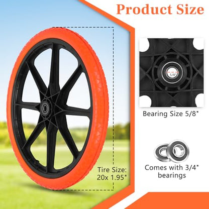 Upgraded 20x1.95" Flat Free Tires for rubbermaid Wheelbarrow Wheels | 20" Flat Free Tires with 5/8" and 3/4" Bearing Replacement for rubbermaid Cart Wheels/Big Wheel Utility Carts - color: Orange