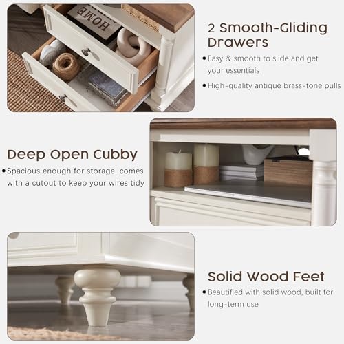 T4TREAM 24" Farmhouse Nightstands with 2 Drawers, Antique White | 4 Solid Wood Feet, Charging Station, Tall Rustic Wood Square, Sofa Side Table, Living Room, Bedroom - color: Antique White