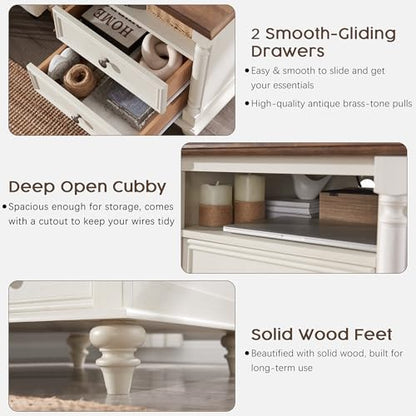 T4TREAM 24" Farmhouse Nightstands with 2 Drawers, Antique White | 4 Solid Wood Feet, Charging Station, Tall Rustic Wood Square, Sofa Side Table, Living Room, Bedroom - color: Antique White