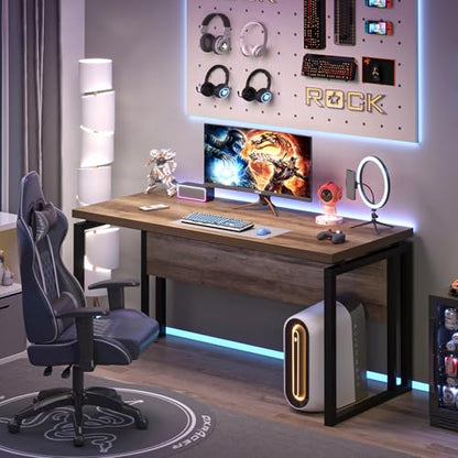 EXCEFUR Modern Computer Desk for Home Office, PC Laptop Gaming Desk, Metal Wood Study Writing Table Workstations for Bedroom Living Room, 53 Inch, Rustic Oak - color: Rustic Oak