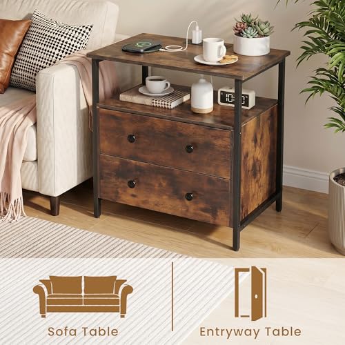 Edbuosy 27 inch Wide Night Stand with Charging Station, Bedside Table with Open Shelf, 2 Drawers Small Wood Dresser, Modern Wood Nightstand for Bedroom/Living Room, Retro Brown - color: Retro Brown, size: 27"W-2 Drawers