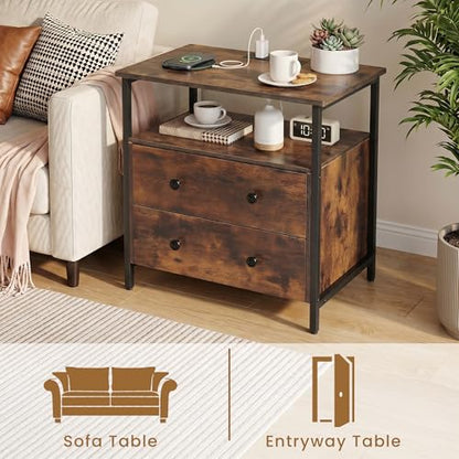 Edbuosy 27 inch Wide Night Stand with Charging Station, Bedside Table with Open Shelf, 2 Drawers Small Wood Dresser, Modern Wood Nightstand for Bedroom/Living Room, Retro Brown - color: Retro Brown, size: 27"W-2 Drawers