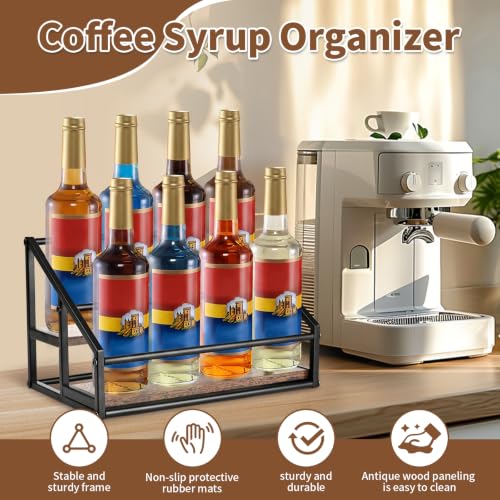 YQBRAO 2-Tier Coffee Syrup Organizer, 8-Bottle Rack, Rustic Brown | Holds up to 8 bottles in two raised rows for coffee bars, kitchens, counters, and beverage stations. - size: 2 Tier 8 Bottle Syrup Rack - 1 Pack