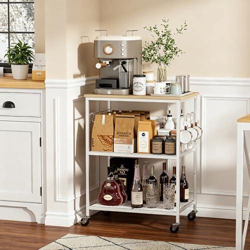 Homleke 3-Tier Rolling Kitchen Microwave Cart, Kitchen Utility Cart on Lockable Wheels, Coffee Bar Table Station with 6 S-Shaped Hooks, Small Appliance Storage Shelf, White and Natural KC40D - color: White and Natural, size: 3-Tier